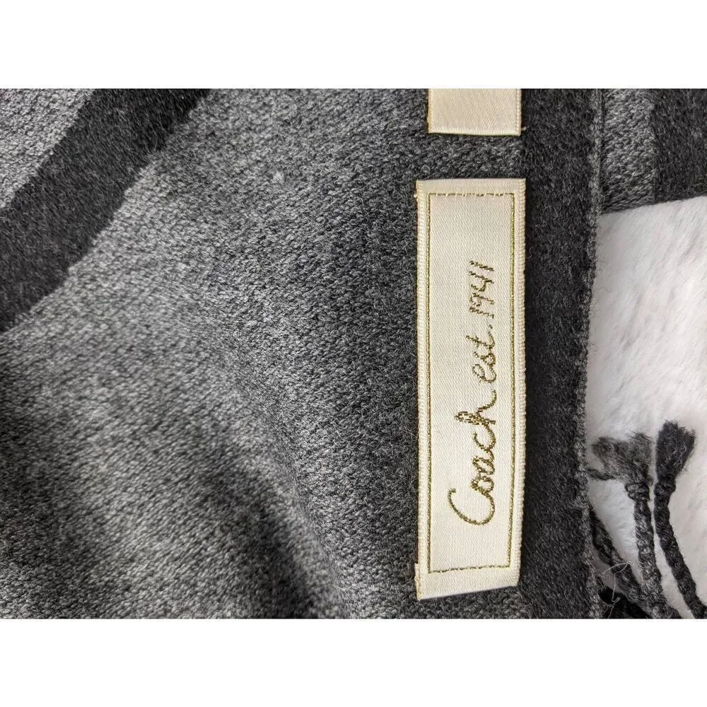 Coach Gray Black 100% Merino Wool Scarf w‎ Fringe
